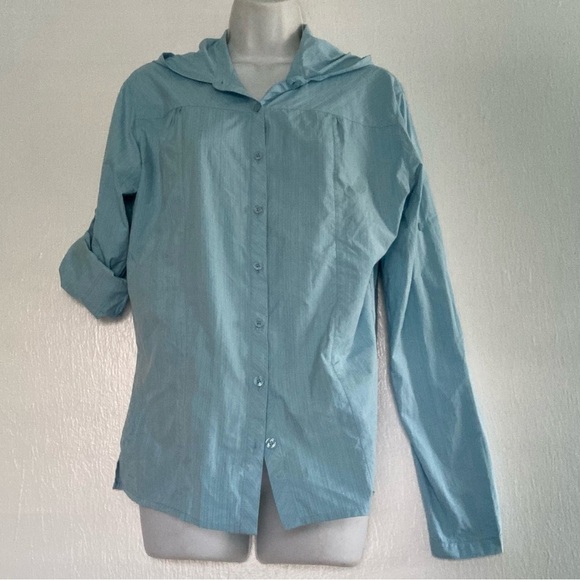 Kuhl Hooded Button Front Lightweight Shirt Jacket Blue M Womens Top - Picture 2 of 7